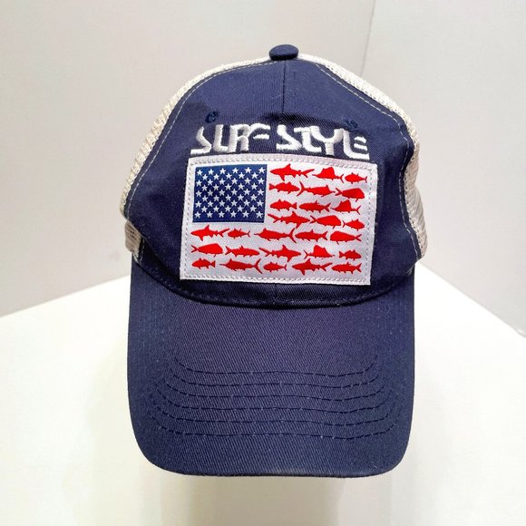 Surf Style Red, White, & Blue Fish Flag Mesh Back Trucker Hat - Picture 1 of 9